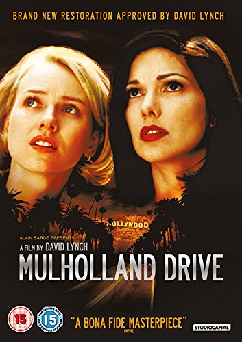 DVD cover for "Mulholland Drive" featuring two women and a Hollywood cityscape.