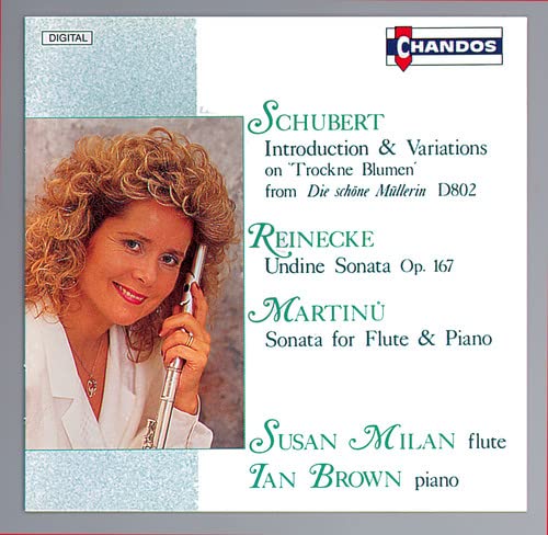 CD cover featuring Susan Milan with a flute, Schubert and Reinecke compositions.