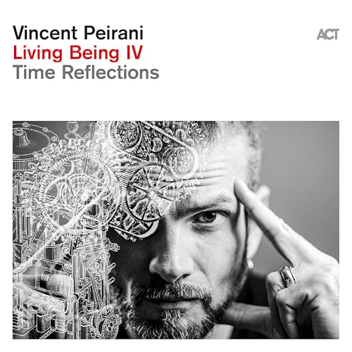 Black and white album cover featuring a man with mechanical imagery.