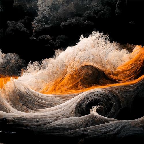 Abstract waves of white, gray, and orange against a dark background.