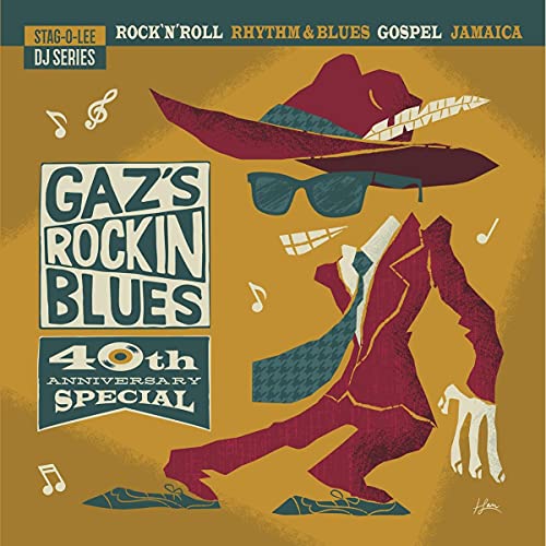 Vinyl album cover for "Gaz's Rockin Blues 40th Anniversary" with illustrated musician.