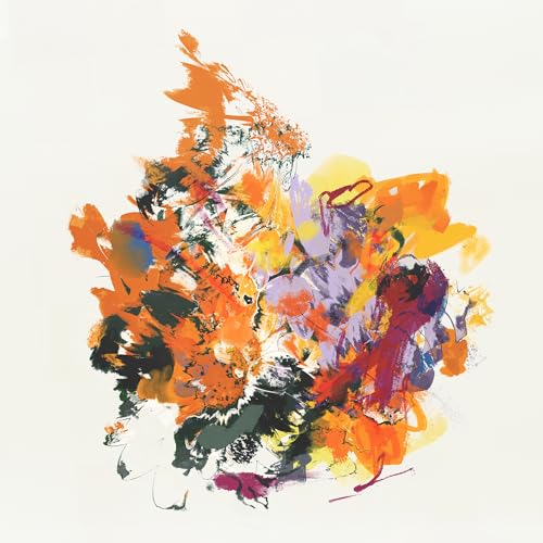 Abstract painting with orange, purple, and black brushstrokes on white.