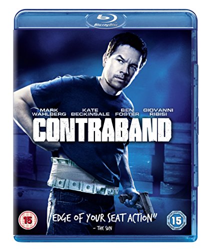 Contraband" Blu-ray cover featuring Mark Wahlberg holding a gun, blue case.