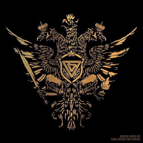 Gold three-headed eagle emblem with sword and shield on a black background.