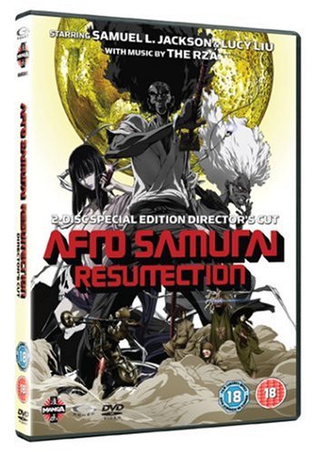 Afro Samurai Resurrection DVD cover featuring the main character against a large yellow moon.