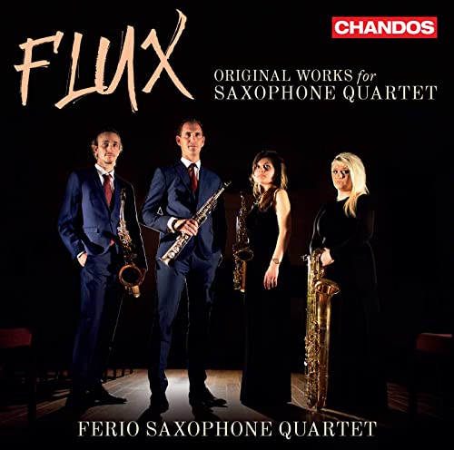 Four musicians with saxophones, album cover for “Flux” by Ferio Saxophone Quartet.