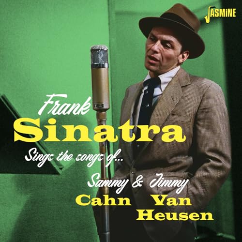 Frank Sinatra in a hat and suit, singing into a vintage microphone.