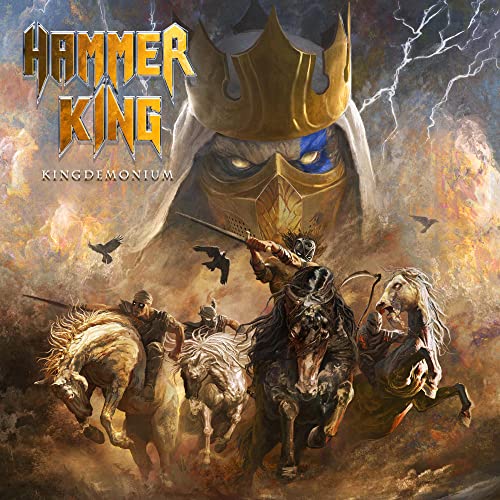 Album cover for Hammer King’s “Kingdemonium” featuring a crowned, masked figure and warriors.