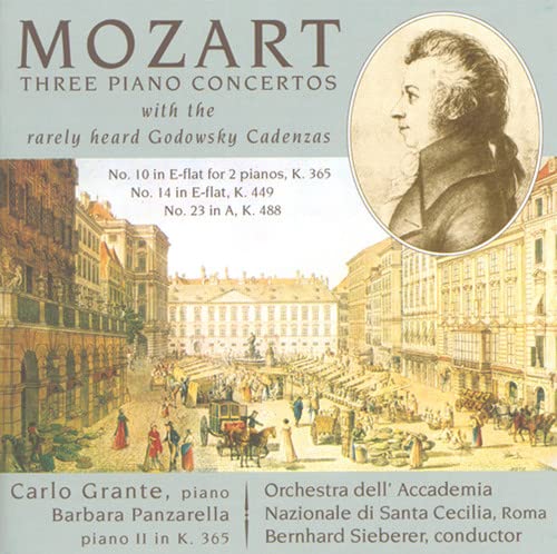 CD cover for Mozart piano concertos featuring a portrait and city scene.