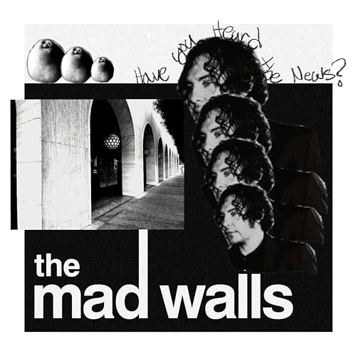 Black and white album cover for The Mad Walls, with portraits and architecture.