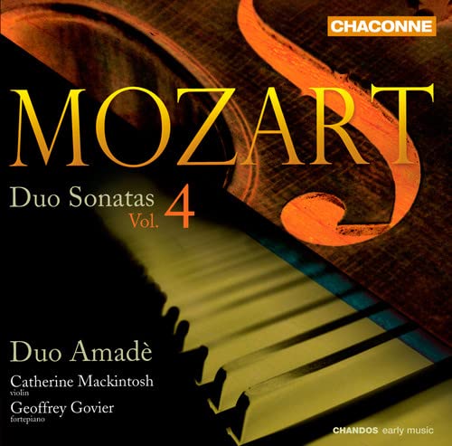 CD cover for Mozart’s Duo Sonatas Vol. 4, featuring piano keys.
