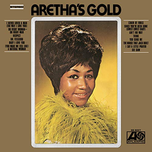Aretha Franklin’s “Aretha’s Gold” vinyl record cover with her portrait.