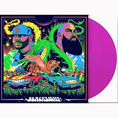 Blacklight album cover with vibrant, psychedelic artwork and purple vinyl record.