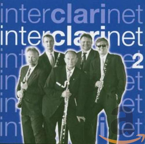 CD cover featuring four men in suits with clarinets, repeating text.