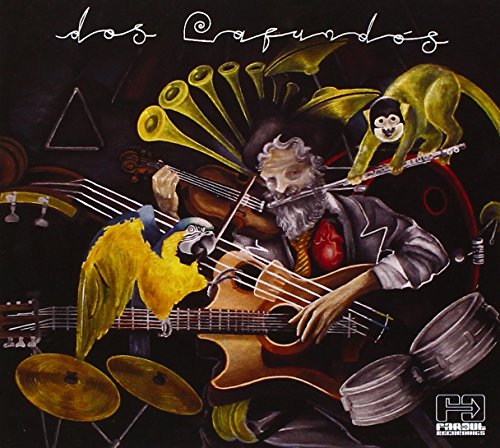 Painted album cover featuring a man with instruments, a monkey, and a parrot.