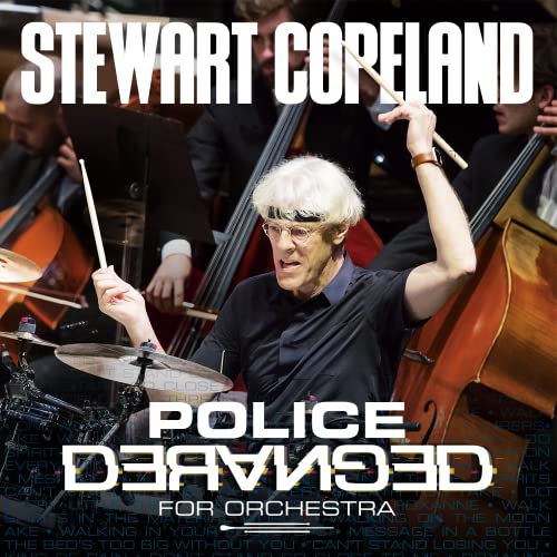 Stewart Copeland conducting an orchestra, album cover for "Police Deranged.