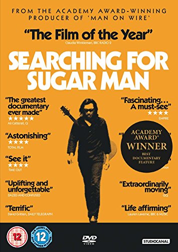 DVD cover for “Searching For Sugar Man” featuring a man with a guitar.