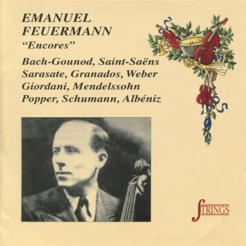 CD cover featuring a black and white portrait of Emanuel Feuermann with violin decor.