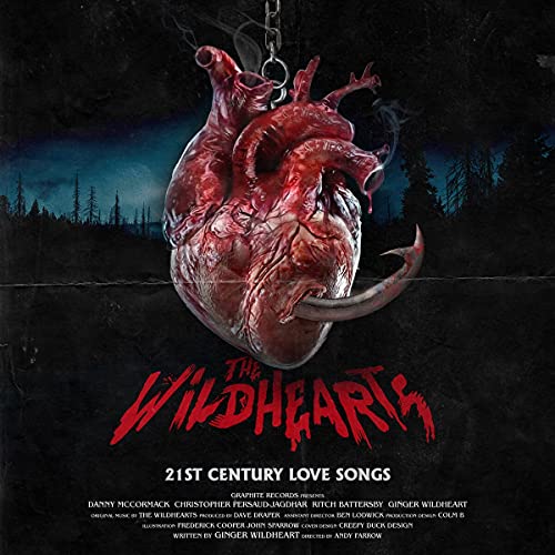 CD cover: realistic, bloody human heart hanging by a chain, dark forest backdrop.