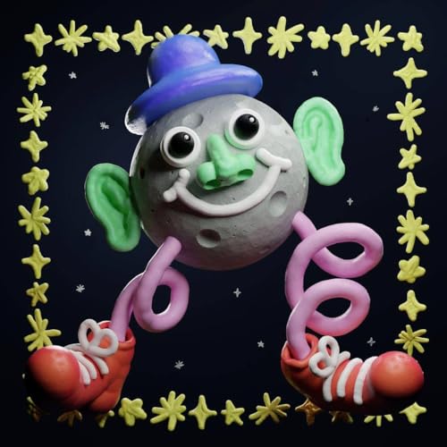 Cartoon moon face with hat and roller skates, surrounded by yellow stars.