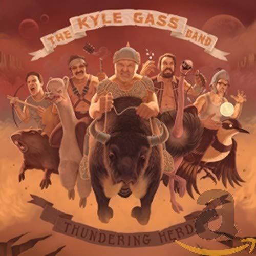 CD cover: cartoon band riding animals against a sunset background.