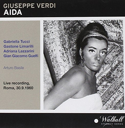 CD cover for Verdi’s “Aida” featuring a black and white portrait of Adriana Lazzarini.