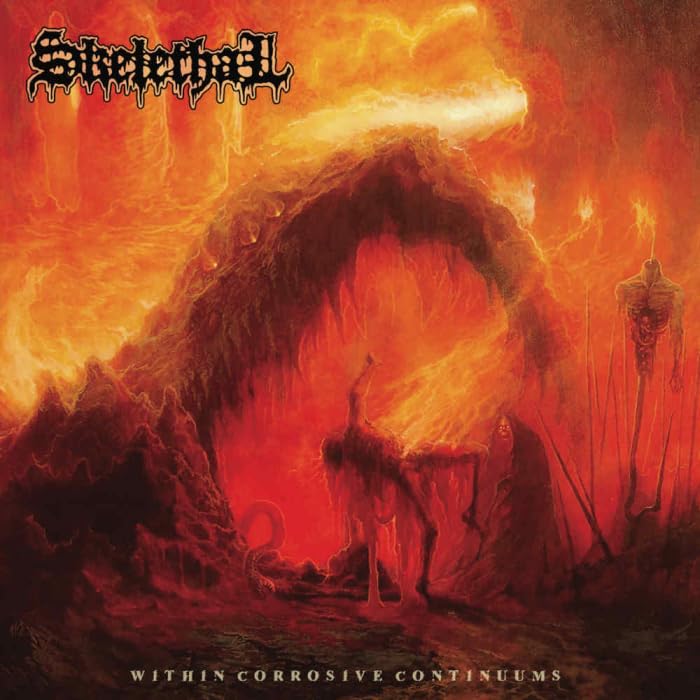 Album cover for Skelethal - Within Corrosive Continuums, featuring fiery, skeletal imagery.