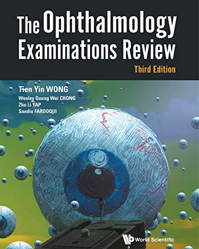 Book cover: "The Ophthalmology Examinations Review, Third Edition" with an eye image.