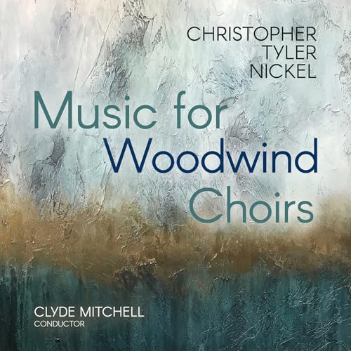 CD cover with abstract blue and gold paint and text "Music for Woodwind Choirs".
