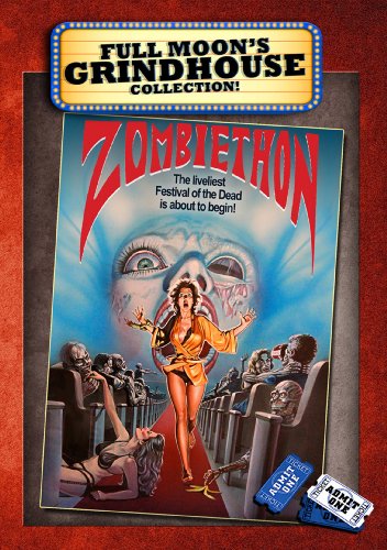 “Zombiethon” DVD cover featuring a screaming woman and zombie moviegoers.