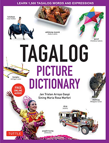Tagalog picture dictionary cover with illustrations of Filipino culture and objects.