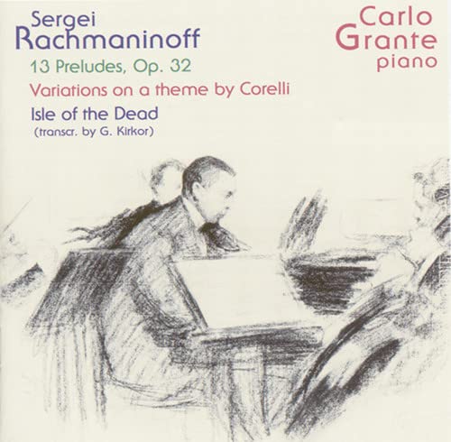 CD cover: sketched figures, text naming Rachmaninoff and pianist Carlo Grante.