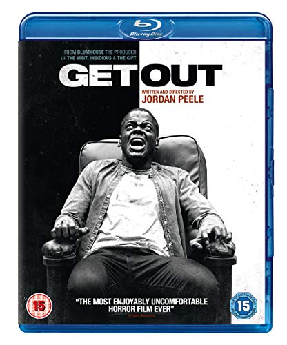 Blu-ray cover of Get Out featuring a man sitting in a chair, screaming.