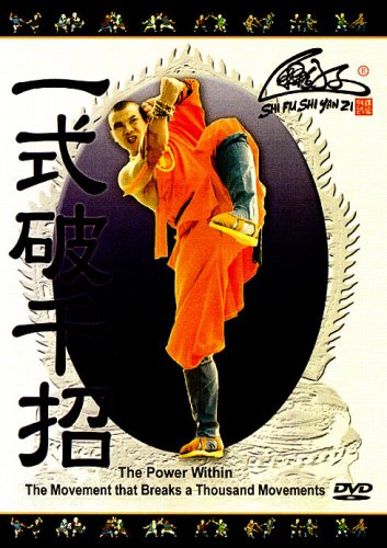 Martial artist in orange robes mid-air against a dark, textured background.