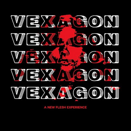 Black background with repeating "VEXAGON" text and a red splatter image.