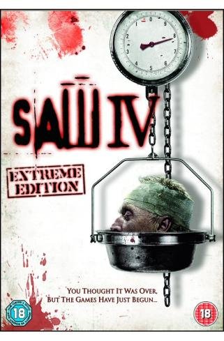 Saw IV" DVD cover featuring a distressed man in a metal contraption.