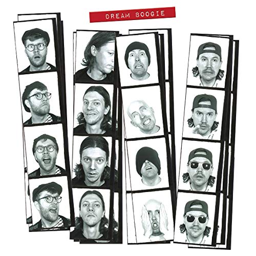 Black and white photo strip of diverse men’s faces, album cover.