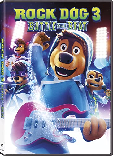DVD cover for “Rock Dog 3 Battle The Beat” featuring animated animal musicians.