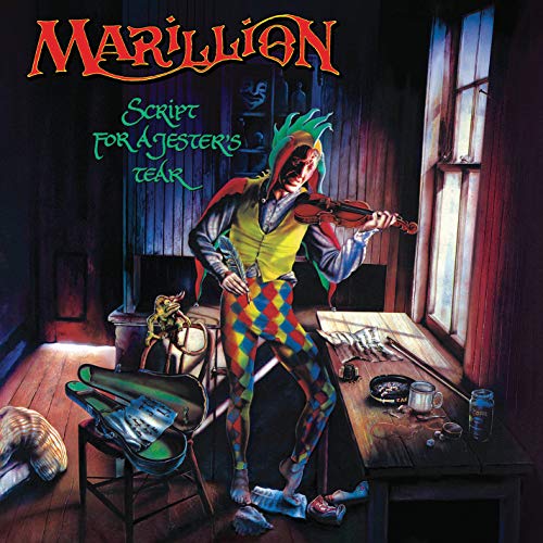 Album cover: a sad jester playing violin in a cluttered room.