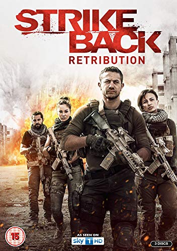 DVD cover for "Strike Back: Retribution" featuring armed soldiers in a warzone.