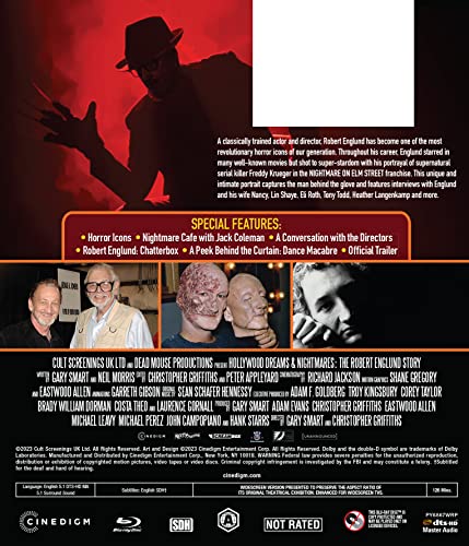 Blu-ray case back cover for "Hollywood Dreams & Nightmares" featuring cast photos and text.