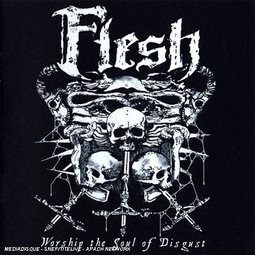 Black and white CD cover with skulls, bones, and the band name "Flesh".