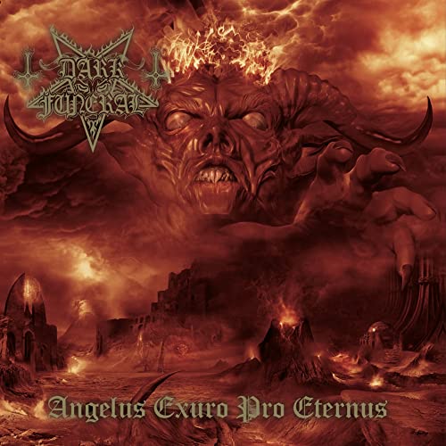 Dark Funeral album cover: demonic face amidst fiery, ruined landscape.