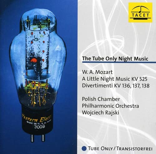 CD cover featuring a glowing vacuum tube and Mozart’s “Night Music” details.