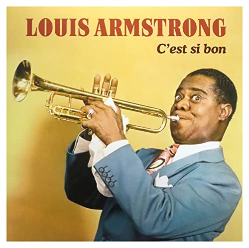 Louis Armstrong playing a golden trumpet on a yellow album cover.