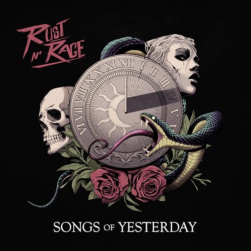 Album cover: skull, clock, woman’s face, snake, and red roses on black.