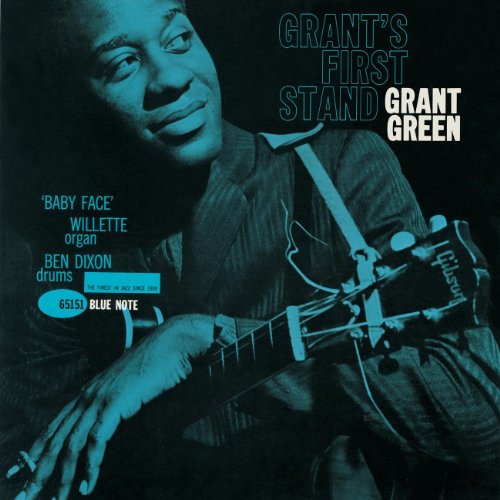 Album cover: Grant Green portrait with guitar, blue tone, "Grant's First Stand".