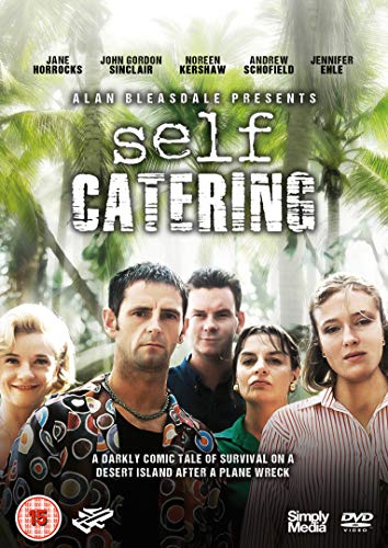 DVD cover for Self Catering featuring five actors against a tropical palm tree background.