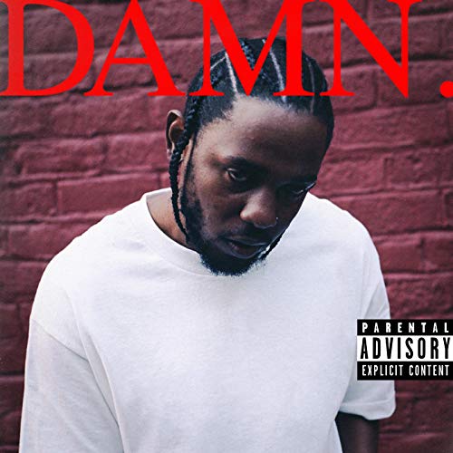 Kendrick Lamar album cover, DAMN., with artist looking downward.