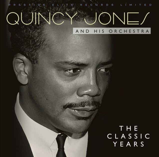 Black and white portrait of Quincy Jones on a music album cover.